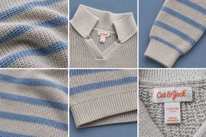 CREAM BLUE STRIPED COLLARED KNIT SWEATER