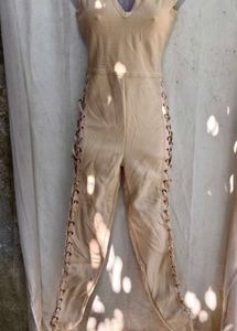162510. Beige Lace-Up Jumpsuit