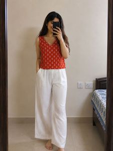 Orange Floral Sleeveless Kurta Top