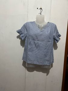 Striped V-Neck Ruffle Sleeve Top