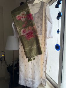 CREAM NAZAM KURTA SET WITH PRINTED DUPATTA