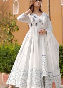 Elegant White Kurta Set with Blue Prints