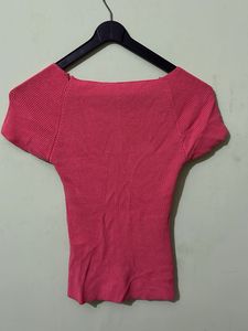 Pink Ribbed Square Neck Top