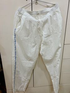 White Palazzo Pants with Blue Embroidery