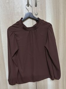 Elegant Brown Ruffle Neck Top
