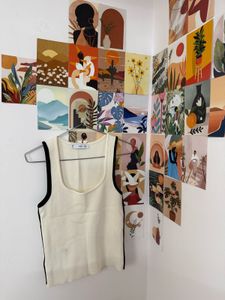 Cream Ribbed Tank Top with Black Trim