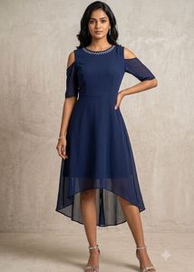 Navy Blue Cold Shoulder Dress with Sequins