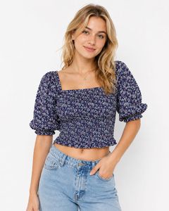Madame Navy Floral Puff Sleeve Smocked Top