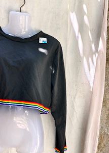 Cropped Long Sleeve Top with Rainbow Trim