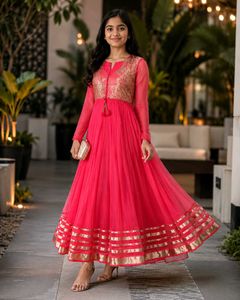 Elegant Pink Anarkali Gown with Gold Border
