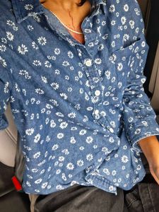 Blue Floral Print Denim Shirt for girl