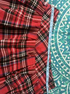 Red Plaid Mini Skirt with Lace Trim and top