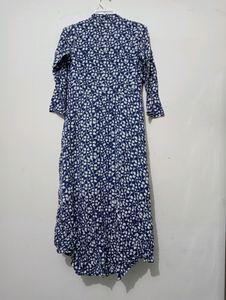 Women Front Button Blue Print Dress
