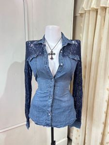 Denim Lace Sleeve Button-Up Shirt