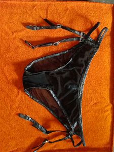 HUSTLER Black Lace/Leather Garter Belt  with thong