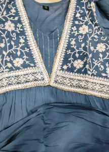 Blue Embroidered Kurti Pant Set for Women Party