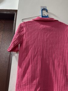 Pink Ribbed Knit Button-Up Top