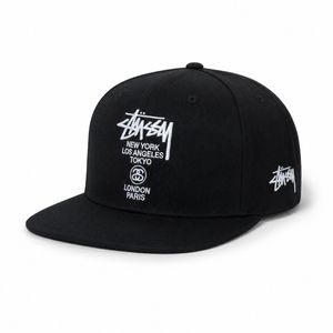 Stussy World Tour Black Snapback Flat Brim Cap