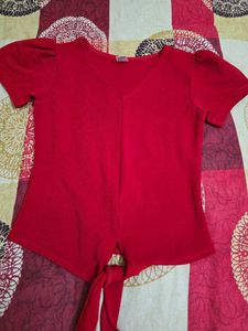 Red V-Neck Tie-Front Top