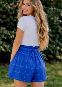 Blue Plaid High-Waisted Shorts