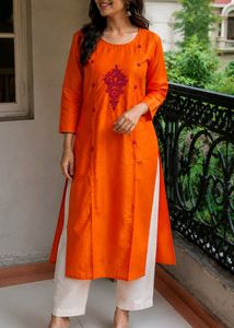 Vibrant Orange Embroidered Kurta