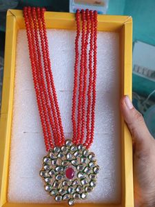 Red Beaded Necklace with Kundan Pendant