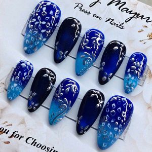 Press On Nails - Blue Ombre Floral