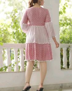 Pink Tiered Kurta with Pom-Pom Trim