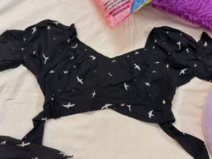 Goa Black Bird Print Wrap Crop Top🐦‍⬛