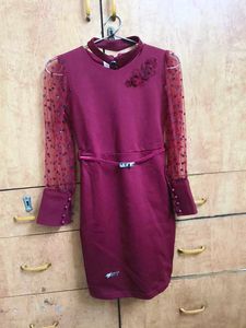 Elegant Maroon Dress with Sheer Sleeves
