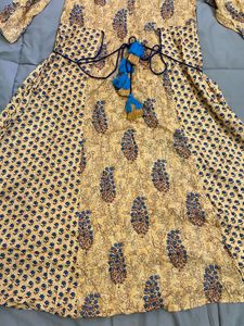 INDYA Mustard Printed Side-Tie A-Line Kurta