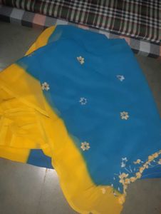 Blue and Yellow Saree with Floral Embroidery