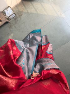 Elegant Red Saree with Grey Border