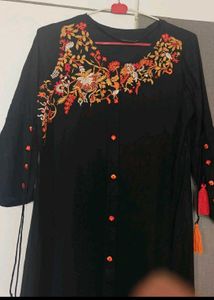 Black Embroidered Kurta with Tassels
