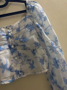 Casual Bishop sleeves Floral print women blue top