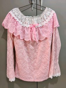 Pink Lace Top with Ruffle Neck