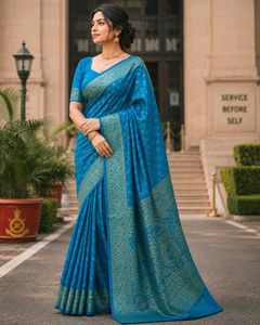 Stunning Blue Silk Saree with Gold Border