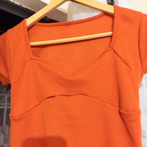 Orange Ribbed Square Neck Top