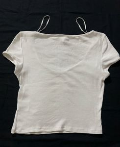 Cream Ribbed Sweetheart-Neck Top