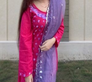 Vibrant Pink Kurta Set with Purple Dupatta