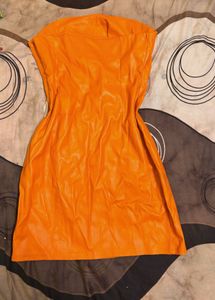 Vibrant Orange Faux Leather Strapless Dress