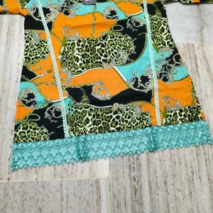 Vibrant Print Kurta with Lace Trim