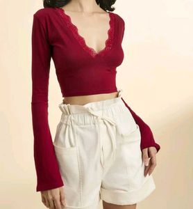 Elegant Bell Sleeve Lace Trim Crop Top