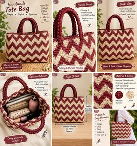 Handmade Maroon & Cream crochet Tote Bag/ spacious