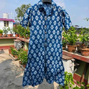 Blue Fish Print Cotton Kurta