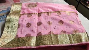 Elegant Pink Silk Saree with Gold Border