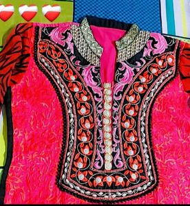 Embroidered Pink &amp; Red Kurti