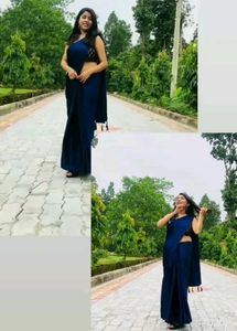 Elegant Navy Blue satin silk Saree for Women