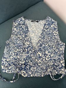 Blue Floral Ruched Crop Top