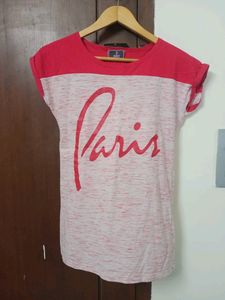 "Paris" Printed Pink &amp; Off White T-shirt, Size - S